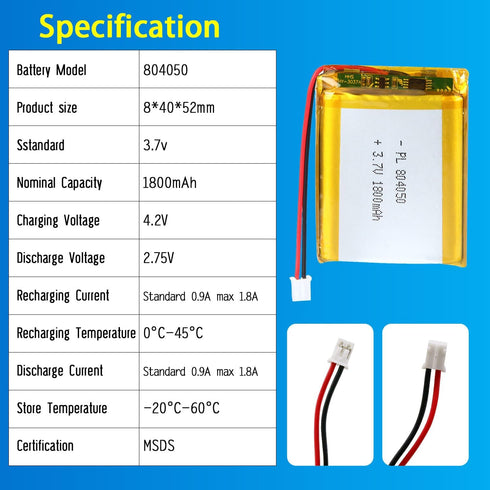 804050 3.7V Lipo Battery 1800mAh Rechargeable Lithium Polymer Pack with JST PH2.0mm Connector
