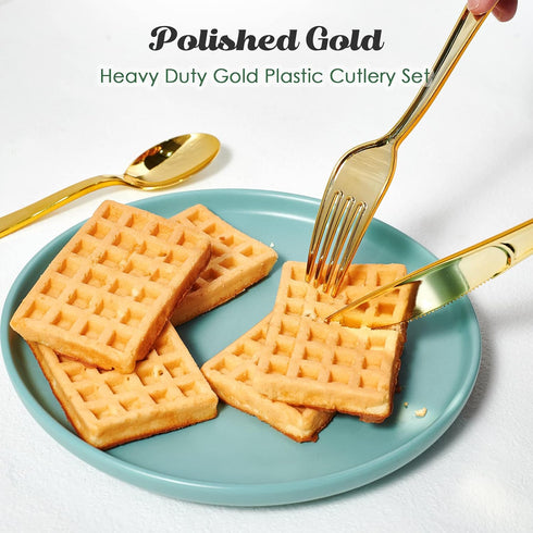 FOCUSLINE 75 Pack Gold Plastic Silverware Set - 25 Forks, 25 Knives, 25 Spoons - Heavy Duty Disposable Cutlery