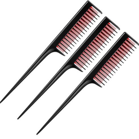Leinuosen 3 Pcs Triple Teasing Comb for Women - Plastic Rat Tail Comb for Thick Fine Hair Styling (Black and Red)