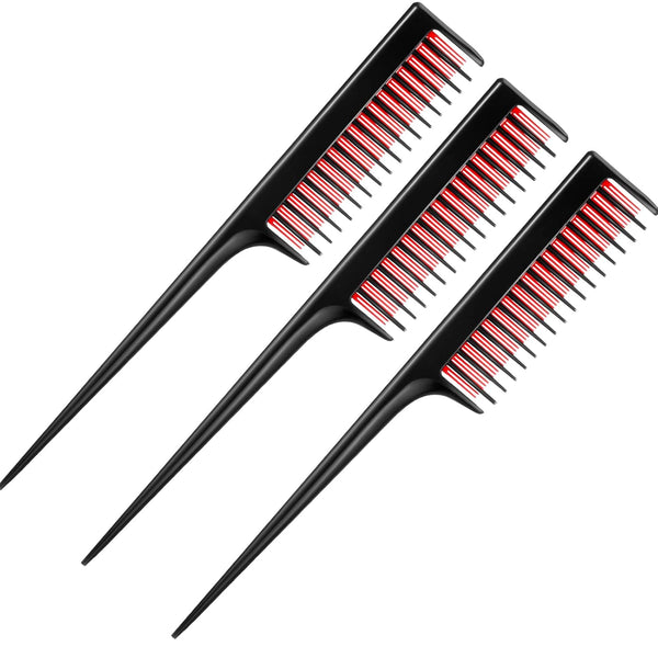 Leinuosen 3 Pcs Triple Teasing Comb for Women - Plastic Rat Tail Comb for Thick Fine Hair Styling (Black and Red)