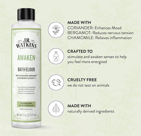 J.R. Watkins Awaken Bath Elixir, Liquid Bath Soak, Rosemary & Rosewood with Natural Extracts, No Salt, No Residue, 6 oz