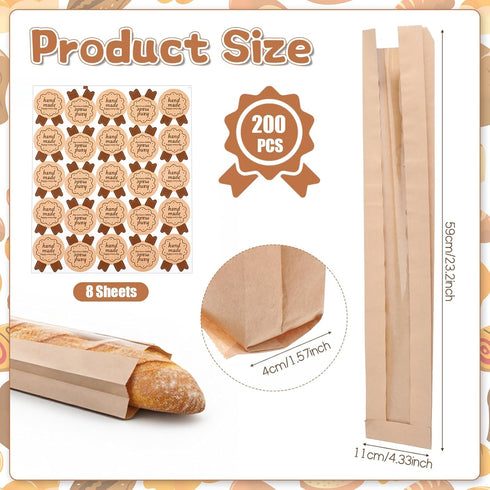 SHENLIU 200 Pack 200 Packing Packaging (23.3 x4.3 x1.6 Inch) Baguette Paper Bags with Clear Front Window and Seal