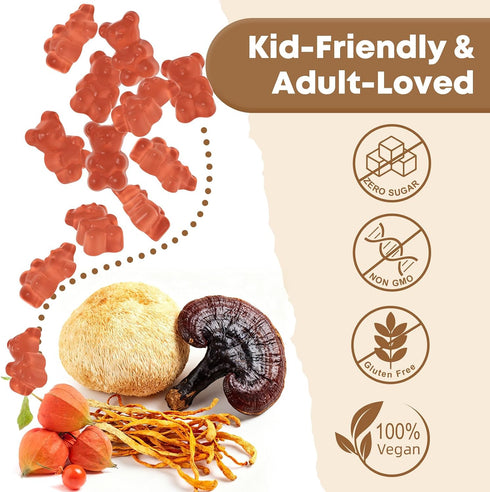 Gummies 60CT Mushroom Supplement with Ashwagandha - Lion Mane Mushroom Supplement for Adults Kids with Reishi Cordyceps