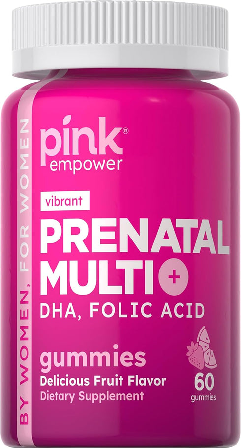 PINK Prenatal Vitamins - 60 Gummies with DHA and Folic Acid, Non-GMO & Gluten Free Multivitamin, Fruit Flavor