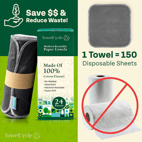 Reusable Paper Towels (24 pack) - 100% Cotton Hand Towels for Kitchen - Zero Waste Cleaning Cloths - Washable Paper Towels - Reusable Napkins Paper Towel Alternative - Eco Friendly Gifts by TOWELCYCLE