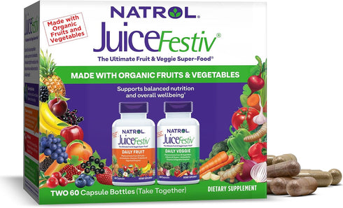 Natrol JuiceFestiv, Ultimate Fruit and Veggie Super-Food, 60 Capsules (2-Count), Supports Balanced Nutrition