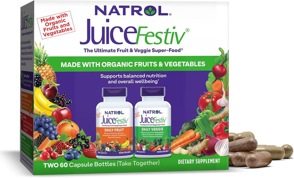 Natrol JuiceFestiv, Ultimate Fruit and Veggie Super-Food, 60 Capsules (2-Count), Supports Balanced Nutrition