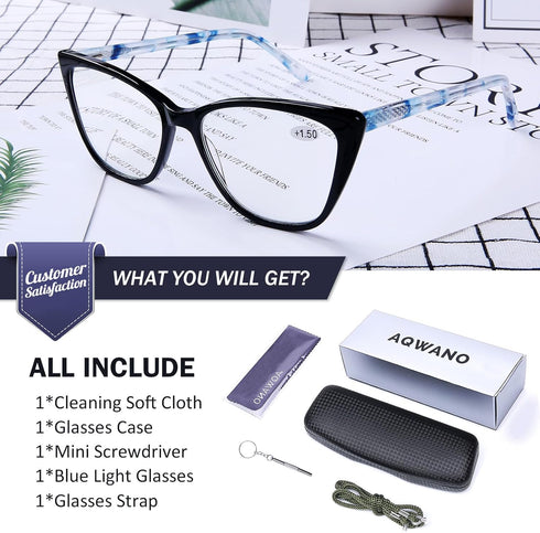 AQWANO Stylish Cat Eye Computer Reading Glasses for Women, Oversized Blue Light Block Eyeglasses, Black 3.5