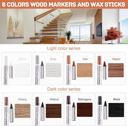 DEWEL Furniture Markers Touch Up, 17 Pcs Wood Scratch Repair Kit, Upgrade Wood Furniture Repair Markers and Wax Sticks for Stains, Scratches, Wood Floors, Tables, Bedposts