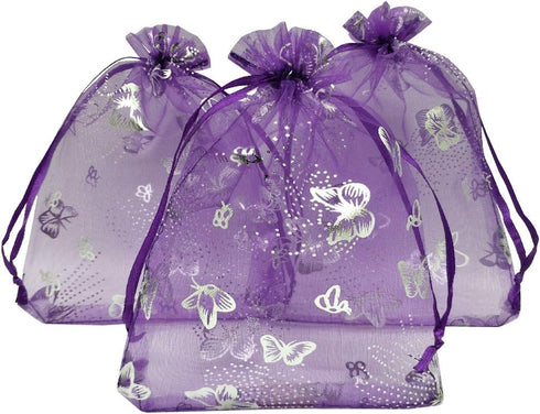 Ankirol 100pcs Sheer Organza Favor Bags - Purple Butterfly Print Drawstring Pouches for Wedding Gift Bags, Samples