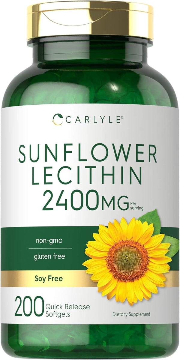 Carlyle Sunflower Lecithin Softgel Capsules, 2400mg, 200 Count, Non-GMO, Soy Free, Gluten Free Supplement