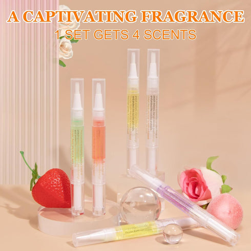 Meschett 4PCS Cuticle Oil Pens with Nail File, Natural Ingredients Nail Pen Oil for Repairing Cracked Fingernails