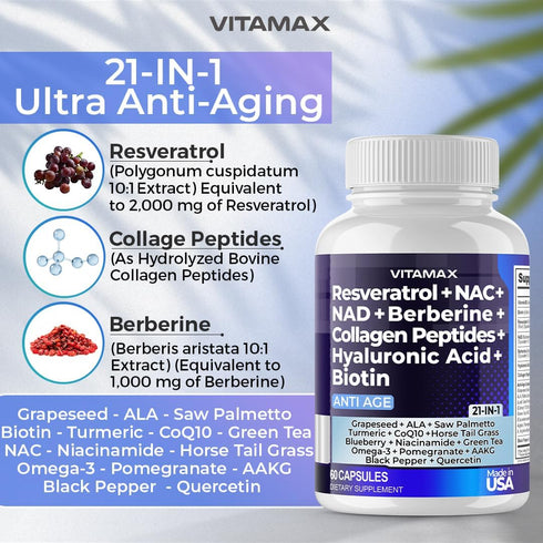 Vitamax Resveratrol NAD+ Berberine Hyaluronic Acid - Collagen Peptides for Hair, Nail, Skin & Joint - 120 Count
