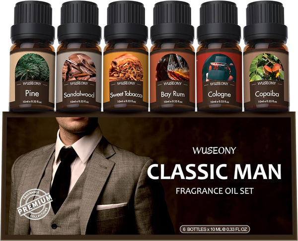 Classic Man Fragrance Oils Set, Mens Essential Oils Set - Pine, Sweet Tobacco, Bay Rum, Cologne, Sandalwood