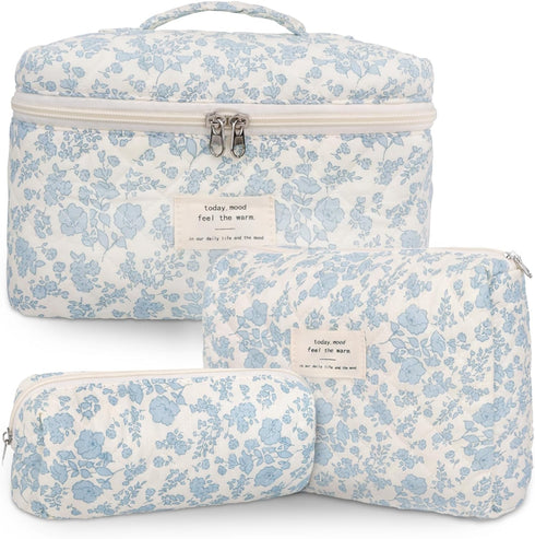 3 Pcs Cotton Quilted Makeup Bag Cute Aesthetic Floral Toiletry Bag, Large Travel Cosmetic Pouch for Women Girls