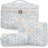 3 Pcs Cotton Quilted Makeup Bag Cute Aesthetic Floral Toiletry Bag, Large Travel Cosmetic Pouch for Women Girls