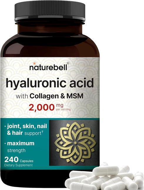 NatureBell Hyaluronic Acid Supplements 2,000 mg | 240 Capsules with MSM & Hydrolyzed Bovine Collagen