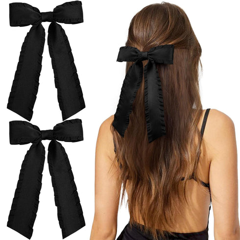 VOBOBE 2PCS Black Hair Bows for Women Girls, Tassel Hair Ribbon Bowknot Clips Barrettes with Long Tail