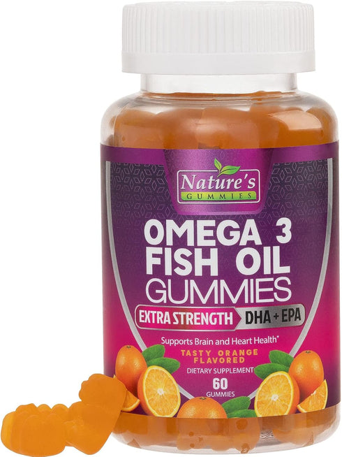 Omega 3 Fish Oil Gummies - 60 Gummies - Extra Strength for Joint, Heart & Brain Support - Orange Flavor