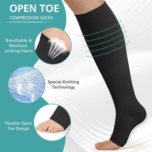 Owcorowan 3 15-20 mmhg Pairs Open Toe Compression Socks for Men & Women - Knee High Stockings for Circulation Support