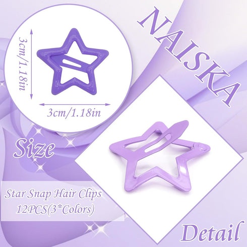 NAISKA Purple Star Hair Clips, Non-Slip Snap Hair Barrettes for Girls Women (12PCS)