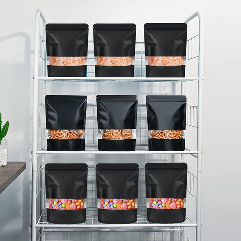 100 Pack Smell Proof Bags, Resealable Mylar Food Storage Bags with Clear Window, Stand Up Self Seal Foil Pouches, Black