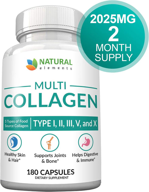 Multi Collagen 180 Protein Capsules - Type I, II, III, V, X Collagen Pills - 2025mg per Serving