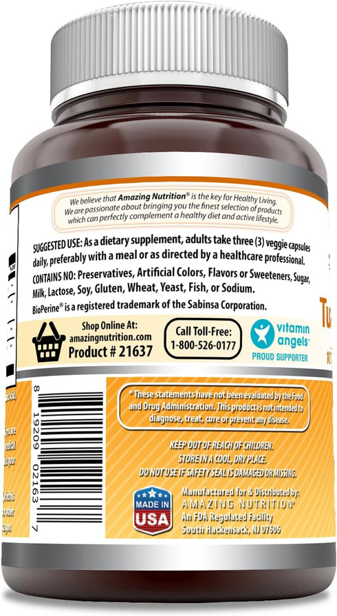 Amazing Formulas Turmeric Curcumin & Ginger with BioPerine, 2250 mg Veggie Capsules, Non-GMO, Gluten Free, 180 Count