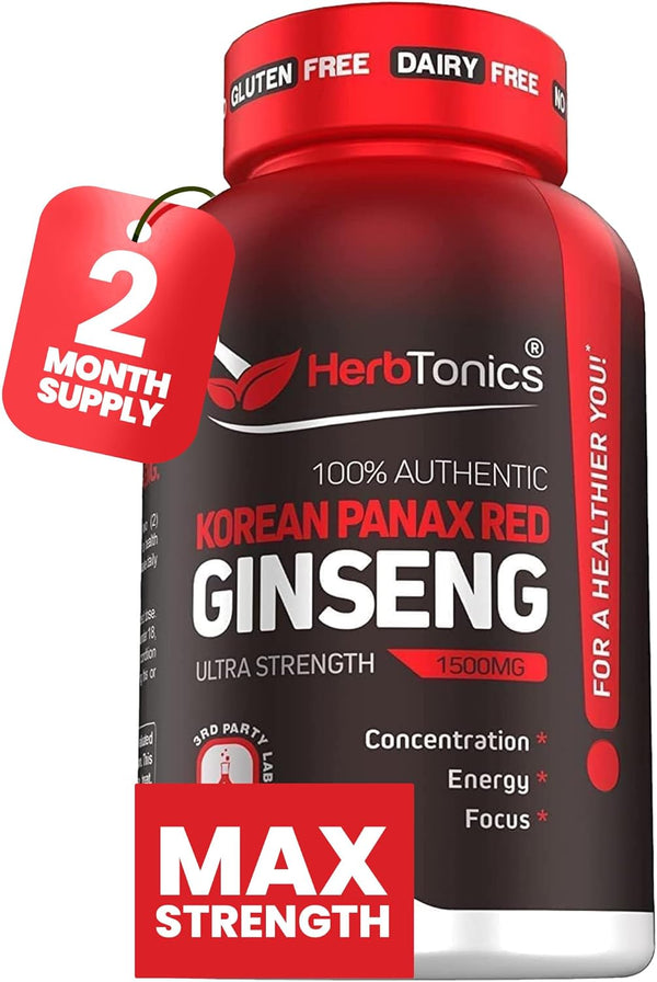 Herbtonics Korean Red Panax Ginseng 1500mg - Energy Supplement for Focus & Vitality - 120 Vegan Capsules
