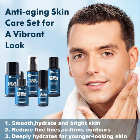 Men's Anti Aging Skin Care Kit - Unique Gifts for Him with Facial Cleanser, Scrub, Cream, Serum, Eye Cream