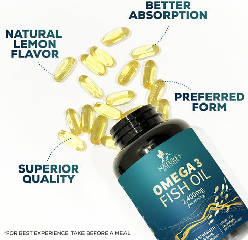 Triple Strength Omega 3 Fish Oil 60 Softgels, 2400 mg, Brain & Heart Health Support, EPA & DHA