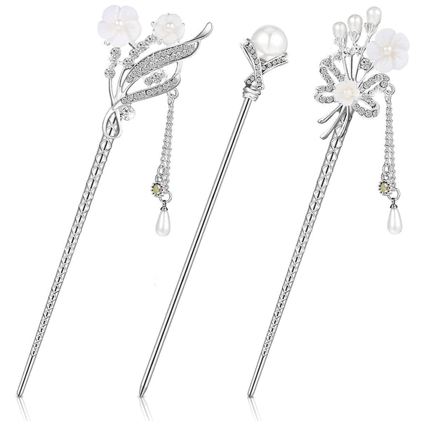 Waydress 3 Pieces Chinese Hair Stick, Japanese Hairpin Hair Chopsticks for Women, Vintage Pearl Rhinestone