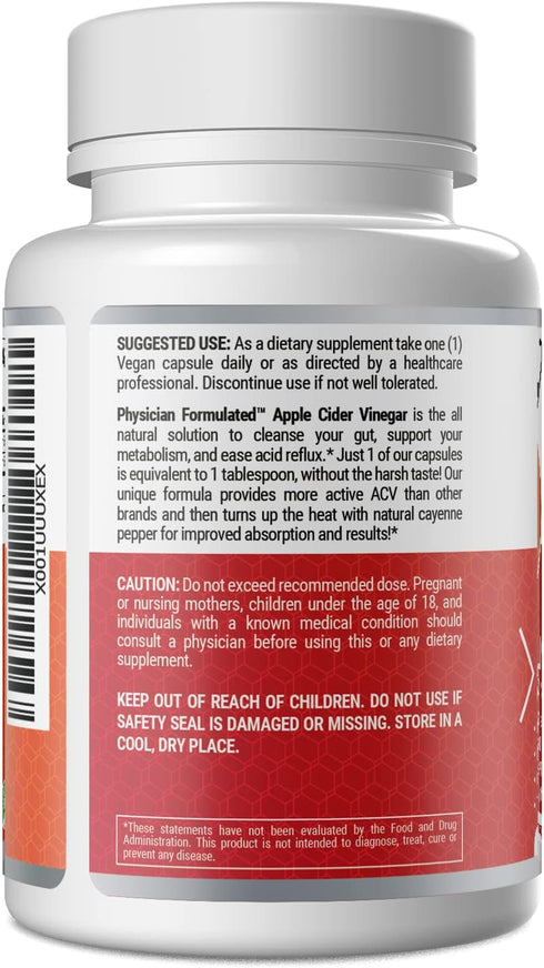 Physician Formulated 100% 750mg 1 90 Organic Apple Cider Vinegar Capsules in just Pill Pure Raw Apple Cider Vinegar