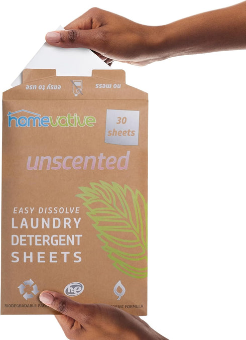Homevative Laundry Detergent Sheets - 30 Sheets, Up to 60 Loads, Easy Dissolve, Unscented, Eco Package, HE Compatible