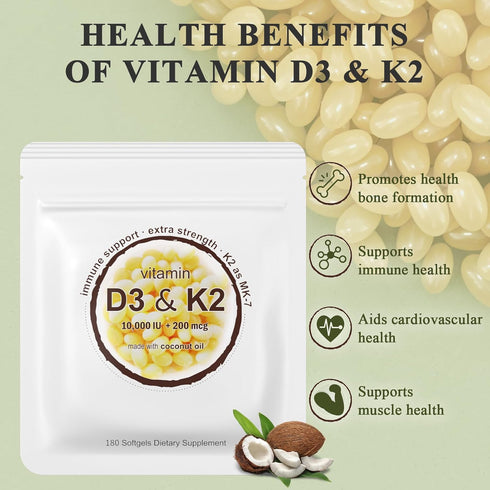 2-in-1 Vitamin D3 K2 Supplement Softgel - 10000 IU D3 and 200 mcg K2 MK7, Supports Immune, Heart, Joint, Teeth & Bone