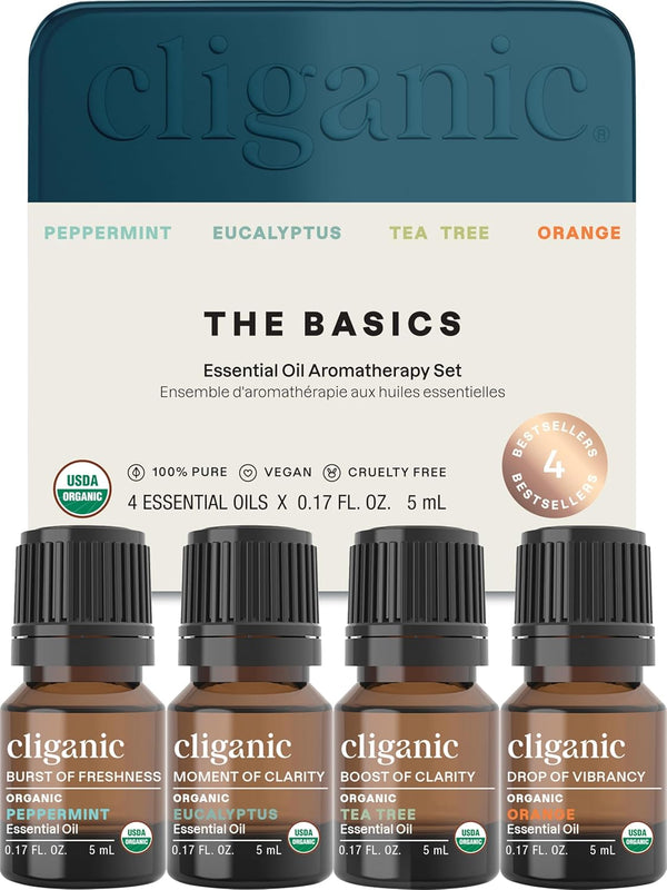 Cliganic Organic Essential Oils Gift Set (Top 4 - The Basics), 100% Pure Natural Aromatherapy - Peppermint, Eucalyptus,
