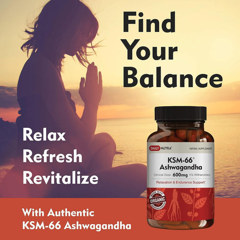 KSM-66 600mg 5% (60 DailyNutra Ashwagandha Organic Root Extract - High Potency Supplement with Withanolides | Relieves