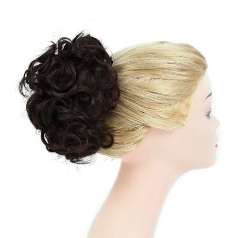 Rose Bud Chignon Hairpiece Curly Bun Extensions Scrunchie Updo Synthetic Combs for Women, Dark Brown