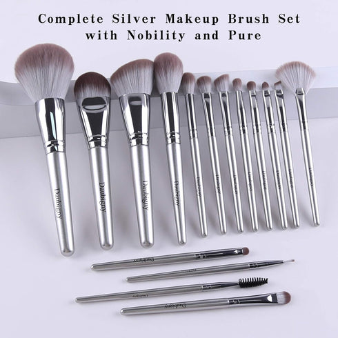 Makeup Brushes, Daubigny 16Pcs Silver Premium Synthetic Brush Set for Foundation, Powder, Concealers, Eye Shadows