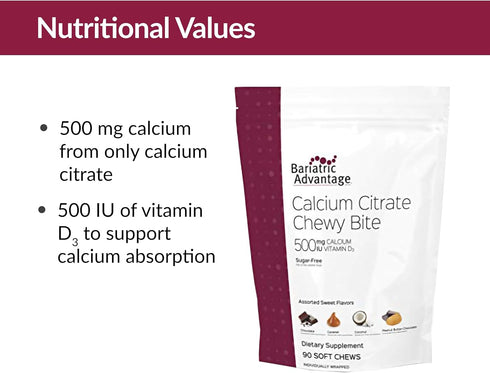 Bariatric Advantage Calcium Citrate Chewy Bites 500mg with Vitamin D3, Sugar Free - 90 Count for Bariatric Patients