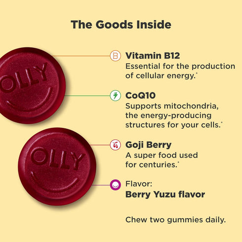 OLLY Extra Strength Daily Energy Gummy, Caffeine Free, 1000mcg Vitamin B12, CoQ10, Goji Berry, Adult Chewable Supplement, Berry Yuzu Flavor - 60 Count