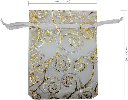 100pcs Sheer Organza Favor Bags - Wedding Baby Shower Rattan Print Gift Bags, 3.5x4.5 inch, White