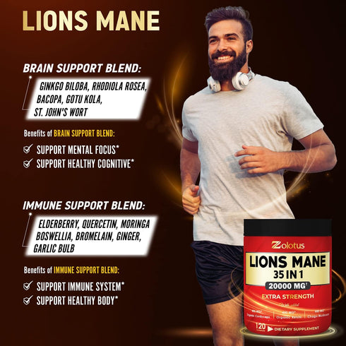 35 in 1 Lions Mane Mushroom Capsules, 20000mg Equivalent with Cordyceps, Reishi, Elderberry, Ginseng - 120 Capsules