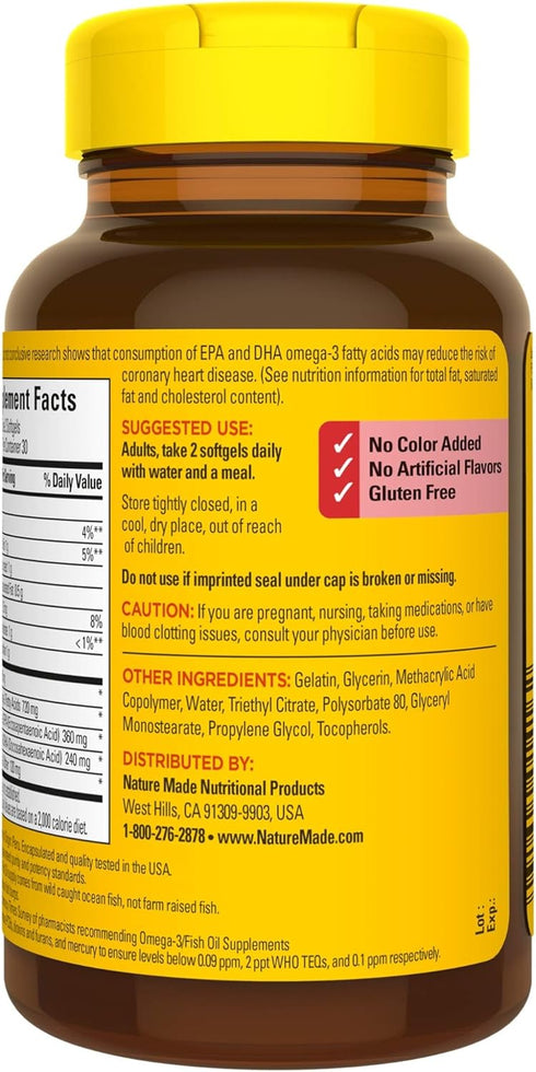 Nature Made Burp-Less Fish Oil 1200 mg, 60 Softgels for Heart Health (Pack of 3)