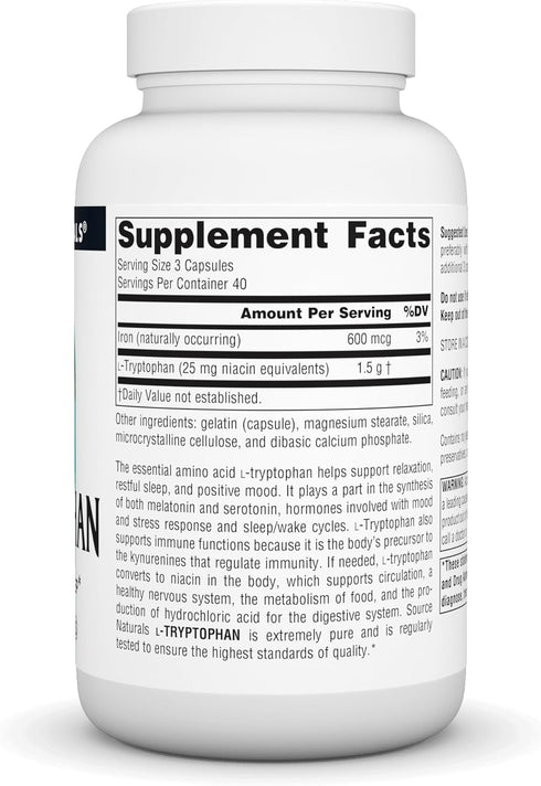 Source Naturals L-Tryptophan, 500mg, for Mood, Relaxation, and Sleep, 120 Capsules