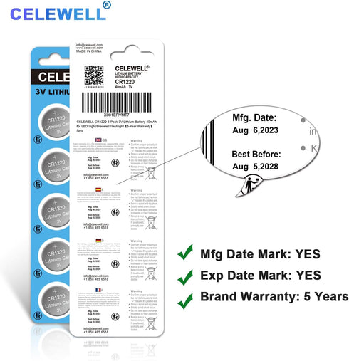 CR1220 5-Pack 3V Lithium Battery, 40mAh for LED Light/Bracelet/Flashlight, 5-Year Warranty