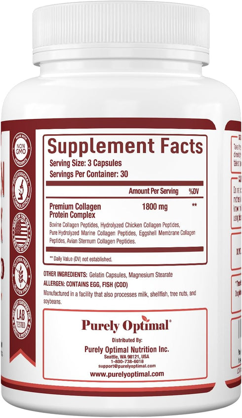 Purely Optimal Premium Multi Collagen Peptides Capsules (Types I, II, III, V, X) - Hair, Skin and Nails, Digestive &