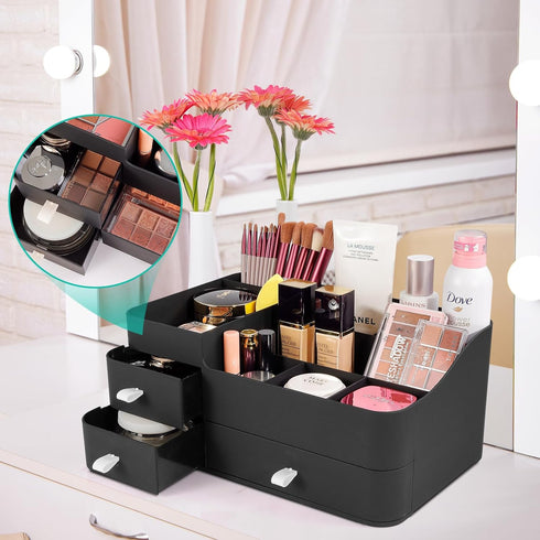 Large Makeup Organizer for Vanity - Countertop Storage with Drawers for Skincare, Brushes, and Cosmetics (Black)