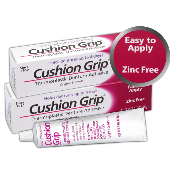 Cushion Grip Thermoplastic Denture Adhesive, 1 oz - Non-Glue Adhesive for Tightening Loose Dentures (Pack of 2)