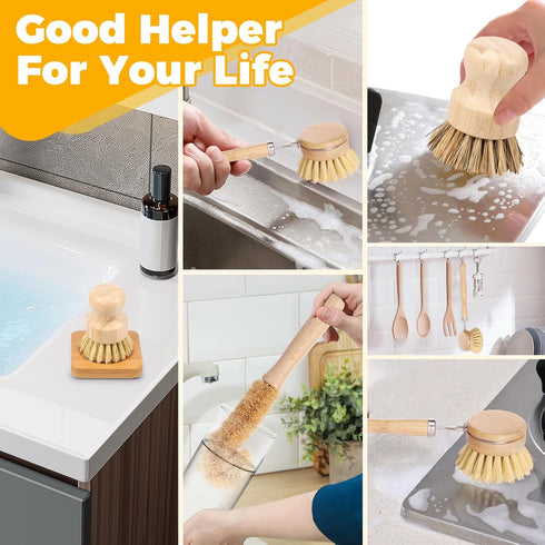 YMKWZ 10 Set, Pcs Bamboo Dish Brush Wooden Dish Brush with Long Handle Cup Brush, Short Handle Sisal & Coarse Brushes